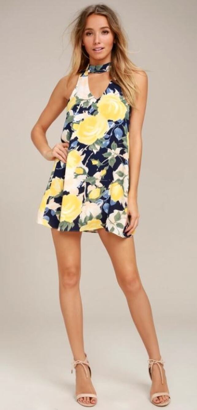 Lulus Floral Swing Dress Yellow & Blue Size XS